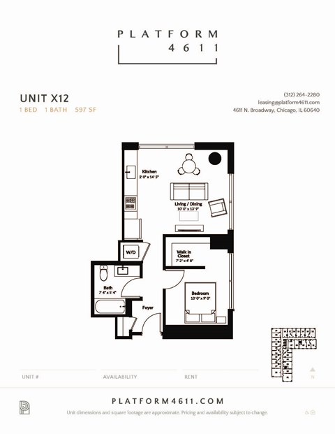 Floor plan for 1 bed, 1 bath, 615 sqft